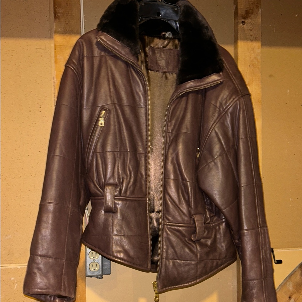 Jacqueline Ferrar Dark Brown genuine Leather Jacket with Black Fur Collar